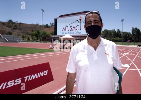 David Glassman posiert mit Gesichtsmaske während der Zürcher Weltklasse Inspiration Games, Donnerstag, 9. Juli 2020, in Walnut, Kalifornien. Der virtuelle Wettbewerb Stockfoto