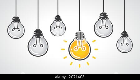 Hängende Glühlampen mit einer leuchtenden. Führung und anderes Business kreative Idee Konzept. Vektorgrafik eps 10 Stock Vektor