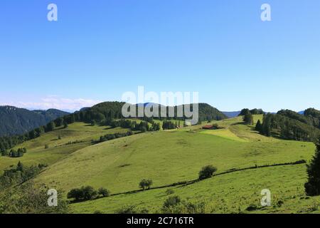 Schöne Aussicht auf Jura, grüne Wiesen und Waldpanorama. Idylle schweizer Landschaft mit blauem Himmel. Naturpark Thal. Stockfoto