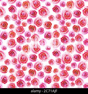 Rosa-rote Rosen in verschiedenen Größen auf weißem Hintergrund. Wunderschöne Blumen. Aquarell Illustration nahtlose Muster für Textil-Design, Cover, Tapete, Geschenkpapier. Stockfoto