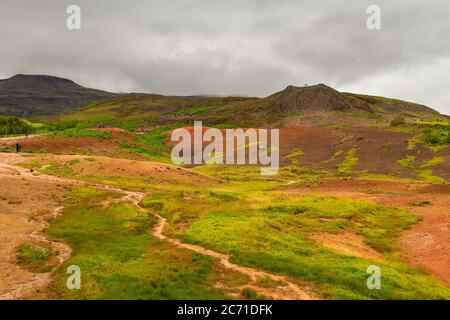 Geothermie-Gebiet im Haukadalur-Tal, Goldener Kreis, Island. Stockfoto