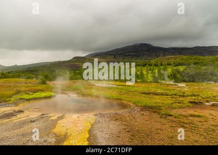 Geothermie-Gebiet im Haukadalur-Tal, Goldener Kreis, Island. Stockfoto