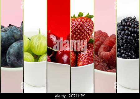 Sammlung von Früchten in weißen Keramikschalen auf mehrfarbigen Hintergrund isoliert, Kirsche, Erdbeere, Brombeere, Himbeere, Heidelbeere Stockfoto