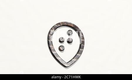 Style drei Pin Braille aus einer Perspektive auf der Wand. Eine dicke Skulptur aus metallischen Materialien von 3D-Rendering. Illustration und Hintergrund Stockfoto