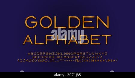 Elegantes goldenes Alphabet, geometrische dünne Linien Schrift Typografie. Groß- und Kleinbuchstaben, Zahlen, Symbole und Marken. Vektorgrafik. Stock Vektor