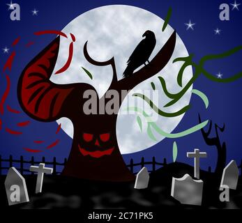 Heimgesucht Friedhof in der Nacht. Dämonenbaum, Rabe, Mond, Sterne und Grabsteine. Stockfoto