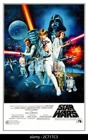 Star Wars (1977) von George Lucas Regie und Hauptdarsteller Mark Hamill, Harrison Ford, und Carrie Fisher. Die Allianz der Rebellen zerstören die Kaiserlichen Truppen ultimative Waffe in einer Galaxie weit, weit entfernt… Stockfoto