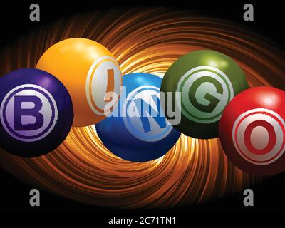 3D Illustration von Bingo-Kugeln Recheln des Wortes Bingo über abstrakt gelb Floreszenz Swirl auf schwarzem Hintergrund Stock Vektor