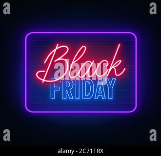 Black Friday Neon-Schild auf dunklem Hintergrund. Stock Vektor