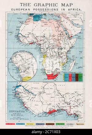 Karte der europäischen Besitztümer in Afrika in den 1880er Jahren. Nach einer Karte, die in der Ausgabe vom 20. Dezember 1884 der Graphic erschien Stockfoto