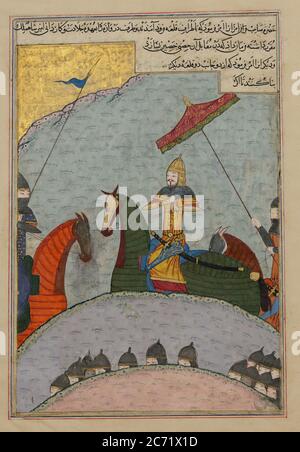 Timur vor der Schlacht, Folio aus einer zerstreuten Kopie des Zafarnama (Buch der Siege) von Sharaf al-din 'Ali Yazdi, A.H. 839/A.D. 1436. Stockfoto
