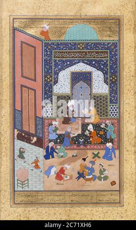 Laila und Majnun in der Schule, Folio 129 aus einem Khamsa (Quintett) von Nizami, A.H. 931/A.D. 1524-25. Stockfoto