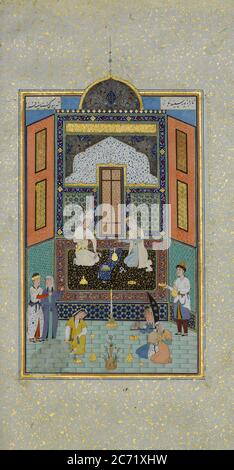 Bahram Gur im Weißen Palast am Freitag, Folio 235 aus einem Khamsa (Quintett) von Nizami, A.H. 931/A.D. 1524-25. Stockfoto