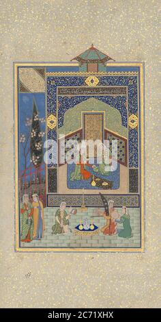 Bahram Gur im Türkispalast am Mittwoch, Folio 216 aus einem Khamsa (Quintett) von Nizami, datiert A.H. 931/A.D. 1524-25. Stockfoto