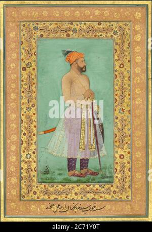 Porträt von Sayyid Abu'l Muzaffar Khan, Khan Jahan Barha, Folio aus dem Shah Jahan Album, Recto: Ca. 1630; verso: Ca. 1530-50. Stockfoto