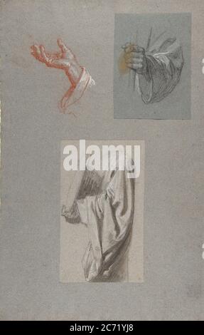 a. Hand von Saint Remi; B. Hand von Saint Remi; c. Draperiestudie für Acolyte Holding Book (mittleres Register); (Studien für Wandmalereien in der Kapelle Saint Remi, Sainte-Clotilde, Paris, 1858), 19. Jahrhundert. Stockfoto