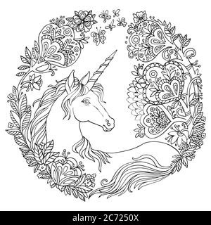 Vektor-Färbung Schönheit Magie Einhorn und Blumen im Kreis composition.Antistress Freihand Skizze Zeichnung mit Tangle, Doodle Elements.for adult Farbe Stock Vektor