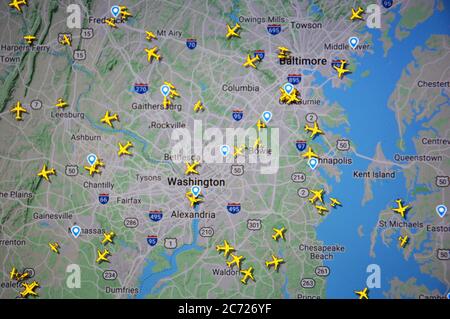 Flugverkehr über Washington und Baltimore (13. juli 2020, UTC 16.31) im Internet mit Flightradar 24-Standort, während der Coronavirus-Pandemie-Periode Stockfoto
