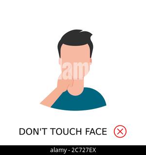 Der Mann berührt sein Gesicht mit dem Text „Don't touch face“. Covid-19 Vorsorgetipp für Infografiken oder Poster. Vermeiden Sie Coronavirus-Infektion Piktogramm. Vektor Stock Vektor
