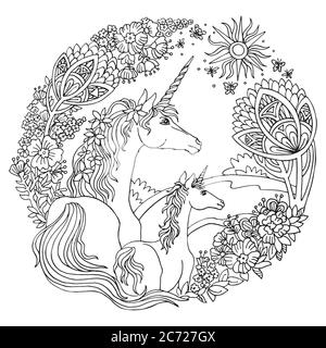 Vektor-Färbung Einhorn mit Fohlen, Bäume und Blumen im Kreis composition.Antistress Freihand Skizze Zeichnung mit Tangle, Doodle Elements.for Erwachsene Co Stock Vektor