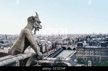 Am frühen Morgen in der Kathedrale Notre Dame in Paris EIN Wasserspeier Birnen über den Rand auf die seine a gescannte Bild 1972 Stockfoto