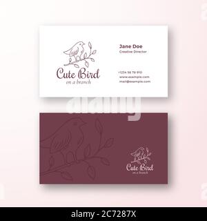 Niedlicher Vogel auf einem Zweig. Abstrakt Mode Vektor Zeichen oder Logo und Visitenkarte Vorlage. Premium Stationär Realistisch Mock Up. Moderne Typografie und Stock Vektor