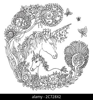 Vektor-Färbung schöne Einhorn und Fohlen mit Bäumen und Blumen im Kreis Zusammensetzung.Ornamental Illustration schwarz Kontur isoliert auf weißem Hintergrund Stock Vektor