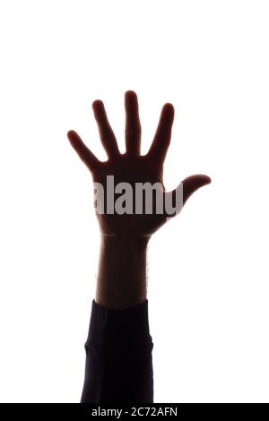 Die Hand eines jungen Mannes mit den Fingern auseinander, die Zahl fünf - Silhouette, Konzept Abstraktion Stockfoto