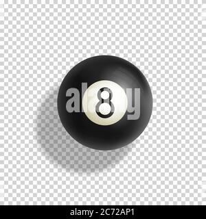 Billard Acht Ball Realistische Vektor-Illustration. Grüner Pool Tischtuch mit schwarzer Kugel und weichen Schatten. Abstrakte Glückssymbol-Karte Vorlage. Stock Vektor