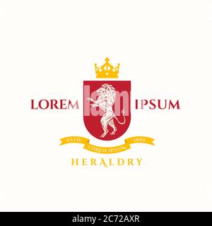 Löwe Heraldry Wappen. Abstraktes Vektorzeichen, Symbol oder Logo-Vorlage. Lion Silhouette mit Schild, Banner, Krone und klassischer Retro Typografie. Bunt Stock Vektor