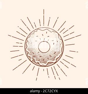 Vintage Tattoo Illustration. Abstrakter Vektor Donut-Zeichen, Symbol oder Logo-Vorlage in Dot Work Style und Retro Rays. Stock Vektor