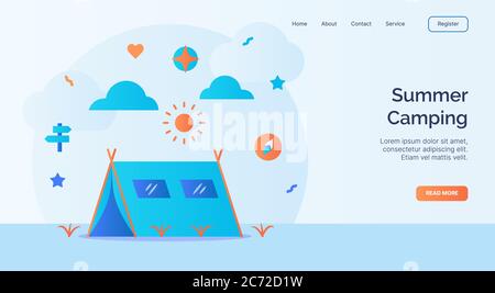 Sommer Camping Zelt Kompass Sonne Symbol Kampagne für Web-Website Startseite Landung Vorlage Banner mit Cartoon flachen Stil Stock Vektor