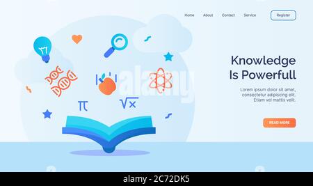 Wissen ist mächtig offenes Buch Atom dna Symbol Kampagne für Web-Website Startseite Landung Vorlage Banner mit Cartoon flachen Stil. Stock Vektor
