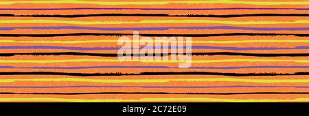 Halloween gestreift Vektor nahtlose Grenze. Banner von horizontalen schwarzen neongrünen, lila Grunge Streifen auf Spinnennetz Textur orange Hintergrund. Hand Stock Vektor