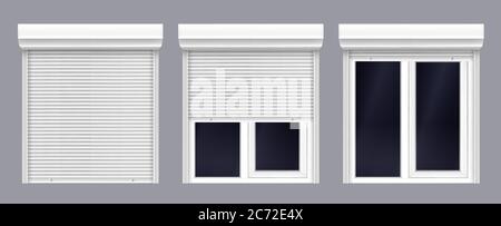 Fenster mit Rollladen nach oben und zu schließen. Doppelflüßige Kunststoffjalousien aus pvc. Vorderansicht geöffnet und geschlossen. Home Fassade Design Elemente isoliert auf transparentem Hintergrund realistische 3d-Vektor-Illustration Stock Vektor