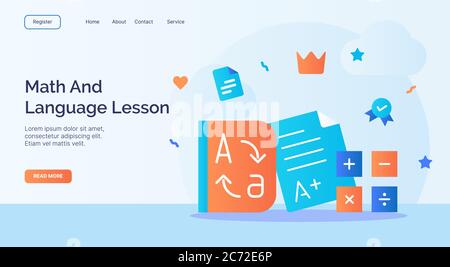 Mathe und Sprachlektion Wörterbuch berechnen Icon Kampagne für Web-Website Startseite Landing Template Banner mit Cartoon flachen Stil. Stock Vektor