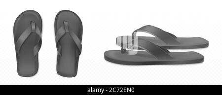 Schwarze Sommer Hausschuhe für Strand oder Pool oben Seitenansicht isoliert transparenten Hintergrund. Vektor realistische blank Flip Flops mockup, Kunststoff-Sandalen mit String, Gummischuhe für Haushalt oder Urlaub am Meer Stock Vektor