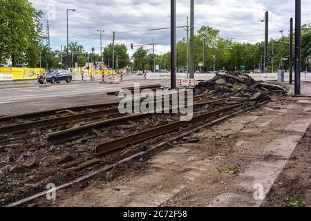 Bauarbeiten zur Umleitung einer Straßenbahnlinie in Johannisthal, Berlin Schöneweide, Deutschland, Europa Stockfoto