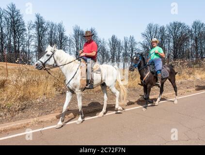 Männer zu Pferd in den Bergen von Gran Canaria, Kanarische Inseln, Spanien. Stockfoto
