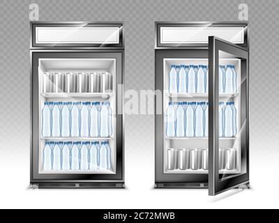 Mini-Kühlschrank mit Wasserflaschen und Getränken, Kühlschrank mit Werbung Digitalanzeige und transparente schließen und öffnen Glastür. Realistischer 3d Vektor Kühler mit Getränken auf Regalen Vorderansicht Stock Vektor