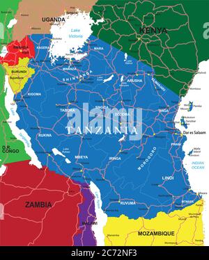 Detaillierte Vektorkarte von Tansania mit Landesgrenzen, Kreisnamen, Hauptstraßen und einer sehr detaillierten State Silhouette. Stock Vektor