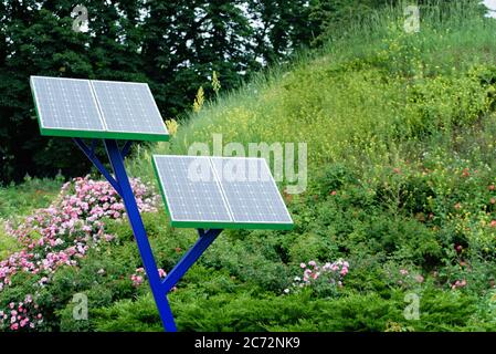 Solarzellen sind im Stadtpark installiert. Straßenbeleuchtung mit Solarpanel Energiegenerator im öffentlichen Park. Grüne saubere Energie. Technologie sparen. Natur Stockfoto