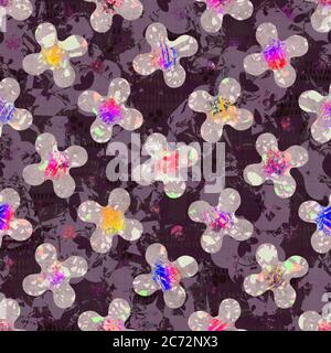 Nahtlose lebendige Regenbogen bemalt Blume Textur. Bold Grundfarbe künstlerischen floralen Blüte Hintergrund. Gewaschenes, unperfektes Pinselmuster. Funky Stockfoto