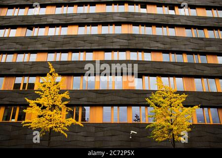 BERLIN, DEUTSCHLAND - 13. OKTOBER 2017: Gebäude Außenansicht und Landschaft, Bäume, Wand und Fenster. Stockfoto