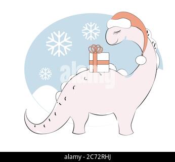 Niedliche rosa Cartoon Dinosaurier Diplodocus, in santa Hut und Geschenk. Bild im Cartoon-Stil, für T-Shirt tragen Mode drucken Design, frohe Weihnachten, glücklich Stock Vektor