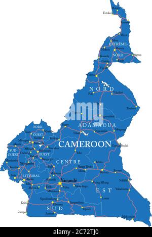 Sehr detaillierte Vektorkarte von Kamerun mit Verwaltungsregionen, Hauptstädten und Straßen. Stock Vektor