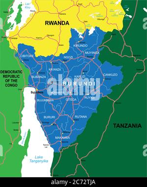 Sehr detaillierte Vektorkarte von Burundi mit Verwaltungsregionen, Hauptstädten und Straßen. Stock Vektor