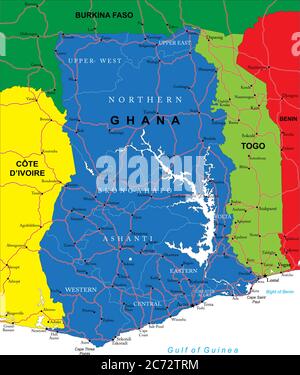 Ghana sehr detaillierte Vektorkarte mit Verwaltungsregionen, Hauptstädten und Straßen. Stock Vektor