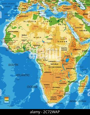 Sehr detaillierte physische Karte von Afrika, im Vektorformat, mit allen Reliefformen, Ländern und großen Städten. Stock Vektor