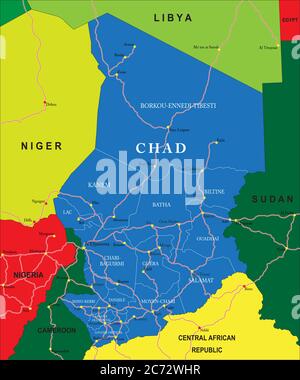 Sehr detaillierte Vektorkarte von Tschad mit Verwaltungsregionen, Hauptstädten und Straßen. Stock Vektor